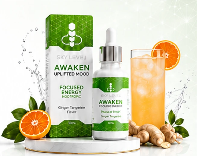 Awaken Focused Energy nano drops bottle and carton by Sky Level with fresh oranges and ginger root